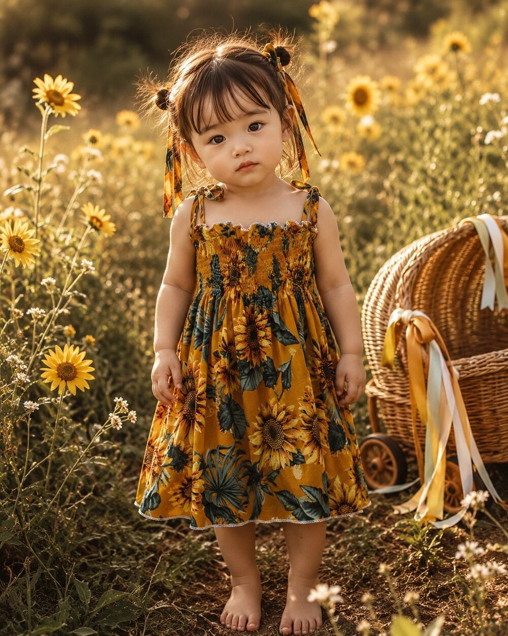 ✿ New Golden Harvest Sunflower Print Flowy Midi Dress 2T/3T